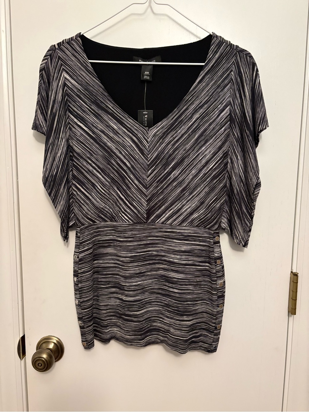 White House Black Market Black and White Striped V-Neck Top